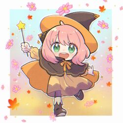 Rule 34 | 1girl, anya (spy x family), autumn leaves, black capelet, black hat, blue background, blush, boots, border, brown footwear, cape, capelet, child, commentary request, dress, flower, full body, gradient background, green eyes, hairpods, hat, holding, holding wand, looking at viewer, open mouth, orange background, orange cape, orange dress, pink background, pink flower, pink hair, short hair, simple background, smile, solo, spy x family, star wand, teeth, tyokamaru, upper teeth only, wand, witch hat