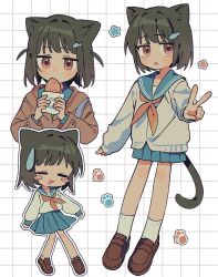 Rule 34 | 1girl, animal ears, blue skirt, blush, brown footwear, cat ears, cat girl, cat tail, closed eyes, closed mouth, eating, fish cake, fish hair ornament, food, hair ornament, highres, holding, holding food, loafers, long sleeves, neckerchief, original, pleated skirt, red eyes, red neckerchief, shoes, skirt, socks, solo, sweatdrop, tail, umipi, v, white socks