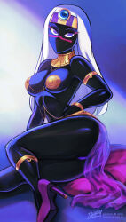 Rule 34 | 1girl, ass, black skin, breasts, colored skin, duck dodgers, gold, high heels, highres, iahfy, jewelry, large breasts, long hair, looking at viewer, no mouth, purple eyes, queen tyr&#039;ahnee, solo, thighs, white hair, wide hips