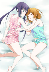 Rule 34 | 2girls, bare legs, barefoot, bed, black hair, blue eyes, brown hair, camisole, casual, cheek poking, closed eyes, feet, female focus, friends, from above, gradient background, hirasawa yui, k-on!, legs, long hair, looking at another, lying, multiple girls, nakano azusa, on side, open mouth, poking, polka dot, polka dot clothes, polka dot shorts, short hair, short shorts, shorts, sleeping, twintails, yabusaka, yuri