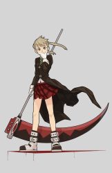 Rule 34 | 1girl, black jacket, brown hair, full body, gloves, green eyes, green necktie, grey background, hand on own face, highres, holding, holding scythe, jacket, long sleeves, looking at viewer, maka albarn, necktie, plaid, plaid skirt, red skirt, scythe, shima (landsuzume), short hair, simple background, skirt, solo, soul eater, standing, striped necktie, twintails, white footwear, white gloves