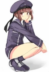 Rule 34 | 10s, 1girl, 501092-taka, :t, beret, blunt bangs, blush, brown eyes, brown hair, dress, hand on own cheek, hand on own face, hat, kantai collection, looking at viewer, sailor collar, sailor dress, sailor hat, short hair, sketch, solo, squatting, z3 max schultz (kancolle)