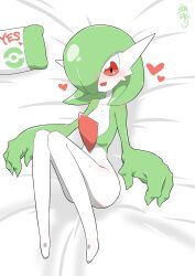 Rule 34 | 1girl, absurdres, artist name, bed sheet, blush, bob cut, collarbone, colored skin, completely nude, creatures (company), english text, female focus, flat chest, from above, full body, game freak, gardevoir, gen 3 pokemon, green hair, green skin, hair over one eye, happy, heart, highres, kazamidoririnn, knees together feet apart, knees up, legs, lying, multicolored skin, nintendo, nose blush, nude, on back, one eye covered, open mouth, poke ball symbol, pokemon, pokemon (creature), red eyes, short hair, signature, smile, solo, two-tone skin, white background, white skin, yes-no pillow