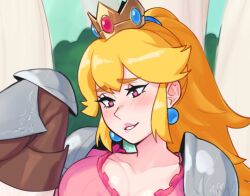Rule 34 | 1girl, armored boots, blonde hair, blush, boots, breasts, brown footwear, bush, collarbone, crown, earrings, frilled shirt, frills, gem, gradient background, grey background, hair tie, jewelry, large breasts, long hair, mario (series), nintendo, pink eyes, pink sweater, ponytail, princess peach, rob ishi, shirt, shoulder plates, solo, sweater, teeth, thigh boots