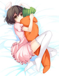 Rule 34 | 1girl, animal ears, bad id, bad pixiv id, blush, brown eyes, brown hair, carrot, child, female focus, highres, inaba tewi, itou nanami, lying, hugging object, on side, pillow, pillow bite, pillow hug, rabbit ears, rabbit girl, rabbit tail, short hair, solo, tail, thighhighs, touhou, white thighhighs