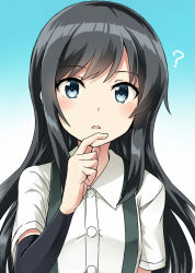 Rule 34 | 1girl, ?, artist name, asashio (kancolle), black hair, blue eyes, commentary request, dated, highres, kamelie, kantai collection, long hair, looking at viewer, one-hour drawing challenge, short sleeves, solo, suspenders