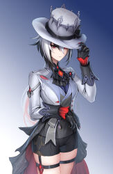 Rule 34 | 1girl, arlecchino (genshin impact), ascot, black ascot, black eyes, black hair, black hands, black nails, black shorts, closed mouth, coat, colored extremities, fingernails, genshin impact, grey coat, grey hair, grey hat, hair between eyes, hand on headwear, hat, highres, long hair, long sleeves, looking at viewer, low ponytail, multicolored hair, red hair, red nails, red pupils, sharp fingernails, shibanme tekikumo, short shorts, shorts, simple background, smile, solo, streaked hair, symbol-shaped pupils, thigh strap, top hat, vision (genshin impact), x-shaped pupils