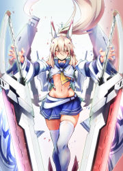 Rule 34 | 1girl, absurdres, ascot, ayanami (azur lane), azur lane, belt, blue skirt, collarbone, commentary request, detached sleeves, dual wielding, gradient background, greatsword, groin, hair between eyes, hair ornament, hairclip, headgear, highres, holding, holding sword, holding weapon, long hair, long sleeves, looking at viewer, machinery, midriff, navel, orange eyes, outstretched arms, pleated skirt, ponytail, retrofit (azur lane), ribbon-trimmed sleeves, ribbon trim, school uniform, serafuku, sidelocks, silver hair, simple background, skirt, slit pupils, solo, spread arms, stomach, sword, tenteru, thighhighs, turret, weapon, white thighhighs, wide sleeves, wind, zettai ryouiki