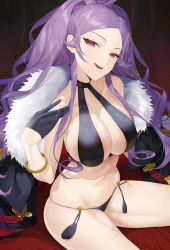 Rule 34 | 1girl, bikini, black bikini, black cape, black gloves, bracelet, breasts, cape, cleavage, commentary request, facial mark, fate/grand order, fate (series), forehead, forehead mark, fur-trimmed cape, fur trim, gloves, hair ornament, half gloves, highres, jewelry, koyo akio, large breasts, long hair, looking at viewer, navel, pink eyes, purple hair, seductive smile, sideboob, sidelocks, sitting, slingshot swimsuit, smile, solo, stomach, swimsuit, thighs, tongue, tongue out, very long hair, wu zetian (fate), wu zetian (swimsuit caster) (fate), wu zetian (swimsuit caster) (third ascension) (fate)