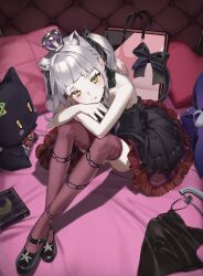 Rule 34 | absurdres, animal ear fluff, animal ears, bag, bare arms, bare shoulders, black dress, bow, cat ears, cat tail, crossed ankles, crossed arms, crown, dress, full body, grey hair, heart, heart-shaped pillow, highres, hololive, knees up, mini crown, murasaki shion, murasaki shion (gothic lolita), parted lips, pillow, rabbit tail, rasa k, shiokko (murasaki shion), shoes, shopping bag, sitting, tail, tail bow, tail ornament, thighhighs, twintails, virtual youtuber, yellow eyes