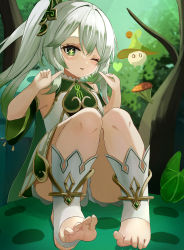 Rule 34 | 1girl, bloomers, blush, cape, closed mouth, cross-shaped pupils, detached sleeves, dress, feet, fungi (genshin impact), genshin impact, gold trim, gradient hair, green cape, green eyes, green hair, green sleeves, hair ornament, hands up, heart, highres, i ruru, index fingers raised, knees up, leaf hair ornament, long hair, looking at viewer, multicolored hair, mushroom, nahida (genshin impact), one eye closed, pointing, pointing at self, pointy ears, side ponytail, sidelocks, sitting, sleeveless, sleeveless dress, solo, stirrup footwear, stirrup legwear, symbol-shaped pupils, toeless footwear, toeless legwear, toes, tongue, tongue out, tree, underwear, white bloomers, white dress, white footwear, white hair