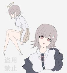 1girl :o breasts brown_hair collared_shirt danganronpa_(series) danganronpa_2:_goodbye_despair flipped_hair hair_ornament halo highres jacket large_breasts long_sleeves looking_at_viewer medium_hair multiple_views nanami_chiaki neck_ribbon open_clothes open_jacket phare_(spring_ha1ru) pink_eyes pink_ribbon ribbon shirt spaceship_hair_ornament white_shirt