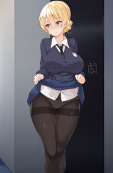Rule 34 | 1girl, absurdres, aqua eyes, blonde hair, blue skirt, blue sweater, blush, braid, breasts, closed mouth, clothes lift, collared shirt, commentary request, darjeeling (girls und panzer), girls und panzer, gluteal fold, hair between eyes, highres, impossible clothes, large breasts, legs together, lifting own clothes, nakamura yukitoshi, necktie, panties, panties under pantyhose, pantyhose, pleated skirt, school uniform, shirt, skirt, skirt lift, solo, st. gloriana&#039;s school uniform, standing, sweater, thigh gap, thighs, underwear, white panties, white shirt