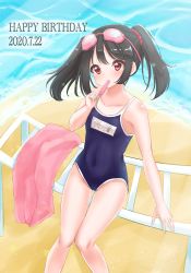 Rule 34 | 1girl, absurdres, artist name, artist request, bare legs, bare shoulders, beach, black hair, blue sky, blush, bow, breasts, cloud, cloudy sky, collarbone, competition school swimsuit, female focus, goggles, goggles on head, hair bow, hair ornament, hair scrunchie, highres, jagaim0nanjaga, looking at viewer, love live!, love live! school idol festival, love live! school idol project, ocean, one-piece swimsuit, outdoors, parted lips, red eyes, red scrunchie, school swimsuit, scrunchie, short hair, sitting, sky, small breasts, smile, solo, swimsuit, tokachi (jagaim0nanjaga), twintails, wariza, yazawa nico
