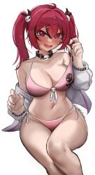 Rule 34 | 1girl, :d, a big brother, bikini, bikini tug, black hair, blush, breasts, cleavage, collarbone, fang, goddess of victory: nikke, hair ornament, highres, jacket, large breasts, mast (a pirate&#039;s heart) (nikke), mast (nikke), multicolored hair, nail polish, navel, off-shoulder jacket, off shoulder, open mouth, pink bikini, pink eyes, pink nails, red hair, short twintails, side-tie bikini bottom, simple background, sitting, skin fang, skull choker, skull hair ornament, skull print, smile, solo, streaked hair, string bikini, swimsuit, twintails, twitter username, white background, white jacket
