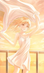 Rule 34 | 1girl, arm up, bare shoulders, blonde hair, breasts, cleavage, collarbone, dress, floating hair, highres, long hair, original, outdoors, parted lips, short dress, sky, sleeveless, sleeveless dress, small breasts, solo, standing, straight hair, sundress, white dress, yellow eyes, yellow sky, youngsok