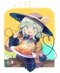 Rule 34 | 1girl, :d, absurdres, aqua background, aqua eyes, black hat, blouse, blush, border, bow, collared shirt, eating, eyeball, fang, film grain, food, fork, frilled shirt collar, frills, gradient background, green eyes, green hair, hair between eyes, hands up, happy, hat, hat bow, hat ribbon, heart, heart in eye, heart of string, highres, holding, holding food, holding fork, holding plate, hot sauce, komeiji koishi, light green hair, long sleeves, medium hair, no nose, noodles, nose blush, open mouth, outside border, pasta, plate, product placement, ribbon, rounded corners, sauce, shirt, skin fang, smile, solo, spaghetti, sparkle, steam, symbol in eye, tabasco, table, tareme, third eye, toroid (621997), touhou, two-tone background, upper body, wavy hair, white border, wide sleeves, yellow background, yellow bow, yellow ribbon, yellow shirt
