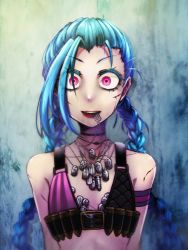 Rule 34 | 1girl, blood, braid, crazy eyes, crazy smile, dog tags, female focus, highres, injury, jinx (league of legends), league of legends, looking at viewer, open mouth, pink eyes, scratches, smile, solo, tanpopo hayabusa-maru, twin braids