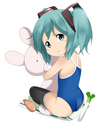 Rule 34 | 1girl, aged down, aqua eyes, aqua hair, bad id, bad pixiv id, carrot, competition school swimsuit, hatsune miku, hug, indian style, looking back, one-piece swimsuit, school swimsuit, short twintails, simple background, sitting, solo, spring onion, stuffed animal, stuffed rabbit, stuffed toy, swimsuit, tamakorogashi, tears, thighhighs, towel, twintails, vocaloid, white background