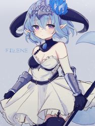 Rule 34 | 1girl, bare shoulders, black gloves, black thighhighs, blue flower, blue hair, breasts, character name, cleavage, closed mouth, curled horns, dragon girl, dragon horns, dragon tail, dress, flower, frilled dress, frills, gloves, grey background, hair between eyes, hair flower, hair ornament, headpiece, highres, holding, horns, karunabaru, looking at viewer, medium breasts, pleated dress, pointy ears, purple eyes, shadowverse, simple background, single strap, solo, tail, thighhighs, vambraces, white dress, whitefrost dragonewt filene