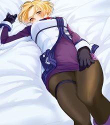 Rule 34 | 1girl, blush, bomssp, citrine, clothes pull, covering crotch, covering privates, dress, embarrassed, gloves, headband, looking at viewer, on bed, orange hair, pantyhose, perspective, short hair, skirt, skirt pull, solo, xenosaga, yellow eyes