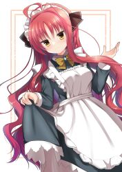 Rule 34 | &gt;:), 1girl, ahoge, alternate costume, apron, black bow, black dress, blush, bow, braid, breasts, closed mouth, clothes lift, collar, commentary, dracu-riot!, dress, dress lift, enmaided, frilled apron, frills, hair between eyes, hair bow, hand up, highres, large breasts, long hair, looking at viewer, maid, maid apron, maid headdress, pinstripe bow, red hair, sidelocks, simple background, single braid, smile, smug, solo, takepoison, v-shaped eyebrows, very long hair, wavy hair, white apron, white background, white collar, yarai miu, yellow bow, yellow eyes, yuzu-soft