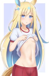 Rule 34 | 1girl, absurdres, ahoge, alternate costume, animal ears, blue eyes, blush, breasts, commentary request, gym uniform, hair ornament, highres, horse ears, horse girl, horse tail, katsuragi b k, lifting own clothes, long hair, looking at viewer, multicolored hair, navel, neo universe (umamusume), no bra, shorts, simple background, small breasts, solo, standing, tail, textless version, tracen training uniform, two-tone hair, umamusume, underboob, white background