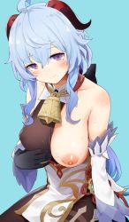 Rule 34 | 1girl, ahoge, aqua background, bare shoulders, bell, black gloves, black leotard, black pantyhose, blue background, blue hair, blush, bodice, bodysuit, bodysuit pull, breasts, brown bodysuit, closed mouth, clothing aside, covered erect nipples, cowbell, detached sleeves, ganyu (genshin impact), genshin impact, gloves, goat horns, gradient eyes, highres, horns, koromo take, large areolae, large breasts, leotard, leotard aside, long hair, long sleeves, looking at viewer, low ponytail, multicolored eyes, neck bell, nipples, one breast out, pantyhose, pelvic curtain, ponytail, purple eyes, simple background, sitting, smile, solo, sweat, white sleeves
