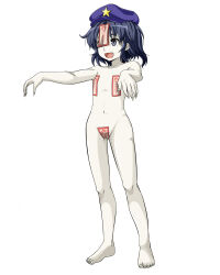 Rule 34 | 1girl, :d, barefoot, black eyes, black hair, cabbie hat, commentary request, fang, fingernails, flat chest, full body, hat, hat ornament, jiangshi, looking afar, maebari, miyako yoshika, navel, nude, ofuda, ofuda on nipples, ofuda on pussy, open mouth, outstretched arms, pale skin, pasties, purple hat, short hair, simple background, smile, solo, standing, star (symbol), star hat ornament, toenails, touhou, wabi (wbsk), white background, zombie pose