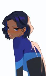 Rule 34 | 1girl, black bodysuit, black hair, blue bodysuit, blue eyes, bodysuit, collared bodysuit, commentary, commission, dark-skinned female, dark skin, english commentary, from behind, hainomajoeraina, highres, looking at viewer, multicolored bodysuit, multicolored clothes, original, parted lips, short hair, simple background, skin tight, solo, unfinished, upper body, white background