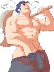 Rule 34 | 1boy, abs, axe, bara, blue hair, bulge, cowboy shot, english text, erection, erection under clothes, fire emblem, fire emblem: the blazing blade, hand under clothes, hector (fire emblem), highres, large pectorals, male focus, muscular, navel, nintendo, nipples, over shoulder, pants, pectorals, piikeisandaa, solo, thick thighs, thighs, thought bubble, undressing, weapon, weapon over shoulder, yawning