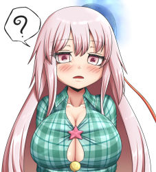 Rule 34 | 1girl, ?, breasts, bursting breasts, cleavage, commentary request, gero zoukin, hair between eyes, hata no kokoro, large breasts, long sleeves, mask, pink eyes, pink hair, plaid, plaid shirt, shirt, solo, touhou