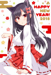 Rule 34 | 1girl, 2018, :o, animal ears, black hair, blush, bow, breasts, dog ears, dog girl, dog tail, floral background, from side, hair bow, hakama, hakama skirt, happy new year, japanese clothes, kimono, long hair, long sleeves, looking at viewer, looking to the side, medium breasts, multicolored eyes, new year, open mouth, original, paw pose, pink bow, red eyes, red hakama, sitting, skirt, solo, tail, thighhighs, tsukudani norio, wariza, white kimono, white thighhighs, wide sleeves, yellow eyes, zettai ryouiki