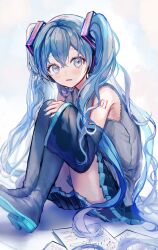 Rule 34 | 1girl, absurdres, arm tattoo, black footwear, black sleeves, blue eyes, blue hair, boots, commentary request, detached sleeves, full body, grey shirt, hair ornament, hatsune miku, highres, long hair, looking at viewer, miku day, number tattoo, parted lips, partial commentary, pipi, sheet music, shirt, simple background, sitting, sleeveless, sleeveless shirt, solo, tattoo, thigh boots, twintails, very long hair, vocaloid, white background