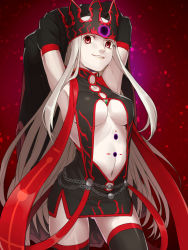 Rule 34 | 1girl, angra mainyu (fate), armpits, arms up, avenger class (fate), bad id, bad pixiv id, black thighhighs, breasts, colored skin, corruption, crown, dark persona, detached sleeves, evil, evil smile, fate/grand order, fate/zero, fate (series), irisviel von einzbern, irisviel von einzbern (caster), justeaze lizrich von einzbern, large breasts, lips, long hair, long sleeves, looking at viewer, navel, pale skin, possessed, possession, red background, red eyes, ruchi, smile, solo, thighhighs, underboob, very long hair, white hair, white skin, wide sleeves