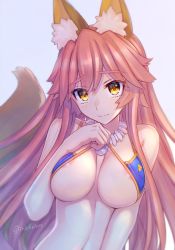 Rule 34 | 1girl, absurdres, animal ear fluff, animal ears, areola slip, bikini, bikini top lift, blue bikini, blush, breasts, clothes lift, commentary request, fate/grand order, fate (series), fox ears, fox girl, hair between eyes, highres, jewelry, large breasts, lifted by self, light smile, long hair, looking at viewer, murasame shia, necklace, pink hair, solo, swimsuit, tail, tamamo (fate), tamamo no mae (fate/extra), tamamo no mae (swimsuit lancer) (fate), very long hair, yellow eyes