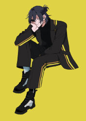 Rule 34 | 1boy, bags under eyes, black eyes, black footwear, black jacket, black pants, black shirt, black socks, boku no hero academia, closed mouth, eraser head (boku no hero academia), eyepatch, facial hair, frown, hand on own face, highres, invisible chair, jacket, long sleeves, male focus, mismatched socks, mustache stubble, pants, rnuyvm, scar, scar across eye, shirt, shoes, simple background, sitting, sneakers, socks, solo, sparse stubble, stubble, updo, white socks, yellow background