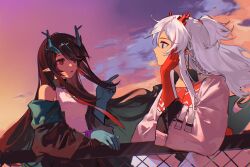 Rule 34 | 2girls, arknights, bare shoulders, bead bracelet, beads, black hair, black jacket, bracelet, braid, chain-link fence, cleavage cutout, clothing cutout, collared shirt, colored skin, dusk (arknights), evening, fence, green hair, green skin, head rest, highres, horns, jacket, jewelry, long hair, multicolored hair, multicolored skin, multiple girls, necktie, nian (arknights), off shoulder, open clothes, open jacket, open mouth, outdoors, pe902, pointy ears, purple eyes, red eyes, red hair, red skin, shirt, siblings, single braid, sisters, sky, streaked hair, very long hair, white hair, white jacket, white shirt, wind