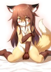 Rule 34 | 1girl, animal ear fluff, animal ears, blush, body fur, breasts, brown eyes, brown hair, covering privates, covering breasts, covering crotch, fox ears, fox girl, fox tail, furry, furry female, groin, highres, kagarimachi konatsu, long hair, looking at viewer, navel, nude, original, sitting, small breasts, solo, tail, thighs