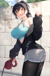 Rule 34 | 1girl, :d, absurdres, ass, bare shoulders, black hair, black jacket, black pantyhose, blue sports bra, boku no kokoro no yabai yatsu, breasts, brown eyes, charm (object), commentary request, dolphin shorts, grey shorts, highres, holding, holding leash, jacket, large breasts, leash, long hair, looking at viewer, off shoulder, open mouth, outdoors, pantyhose, pantyhose under shorts, partially unzipped, ponytail, shorts, sishui liuyue, smile, solo, sports bra, yamada anna