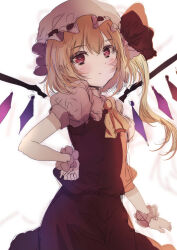 Rule 34 | 1girl, ascot, blonde hair, cowboy shot, crystal, dress, flandre scarlet, hat, highres, looking at viewer, medium hair, natsume suzuri, pointy ears, red eyes, ribbon, side ponytail, simple background, solo, touhou, white background, yellow ascot