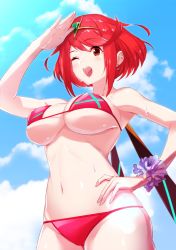 Rule 34 | 1girl, armband, bikini, blue sky, breasts, commentary, gem, green322, hair ornament, happy, headpiece, highres, jewelry, large breasts, navel, nintendo, one eye closed, pyra (xenoblade), red eyes, red hair, reflection, short hair, sky, smile, solo, sweat, sweatdrop, swept bangs, swimsuit, tiara, underboob, wet, wink, xenoblade chronicles (series), xenoblade chronicles 2