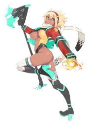 Rule 34 | 1girl, ass, axe, battle axe, blonde hair, boots, breasts, casting spell, cleavage cutout, clothing cutout, commission, conto, dark skin, headband, high heel boots, high heels, highres, holding, holding axe, jacket, large breasts, leg up, long sleeves, midriff, navel, open clothes, open jacket, original, pixiv commission, simple background, solo, stomach cutout, tan, thigh boots, thighhighs, underboob, weapon, white background