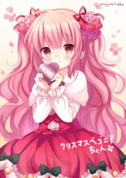 Rule 34 | 1girl, blouse, blush, bow, character name, christmas begonia (flower knight girl), cowboy shot, flower, flower knight girl, green bow, hair bow, hair flower, hair ornament, heart, highres, holding, holding heart, long hair, pink hair, pink theme, red bow, red eyes, red skirt, shiodome oji, shirt, skirt, smile, solo, two side up, white shirt