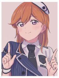Rule 34 | 1girl, absurdres, black necktie, blush, border, buttons, close-up, closed mouth, collared shirt, commentary request, double finger gun, finger gun, gomadare4869, hair between eyes, highres, idol clothes, index finger raised, looking at viewer, love live!, love live! superstar!!, medium hair, necktie, orange hair, portrait, purple eyes, shibuya kanon, shirt, short sleeves, simple background, smile, solo, white border, white headwear, white shirt