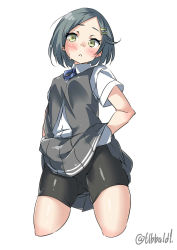 Rule 34 | 10s, 1girl, black hair, black skirt, black vest, blue ribbon, blush, collared shirt, cowboy shot, cropped legs, ebifurya, gloves, hair ornament, hairclip, hand under clothes, highres, kantai collection, kuroshio (kancolle), looking at viewer, neck ribbon, parted bangs, parted lips, pleated skirt, ribbon, shirt, short hair, short sleeves, shorts, shorts under skirt, simple background, skirt, sleeveless, solo, sweat, twitter username, vest, white background, white gloves, white shirt, yellow eyes