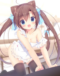 Rule 34 | 1girl, :d, ahoge, all fours, animal ears, apron, blue eyes, blurry, bow, breasts, brown hair, cat ears, cat tail, cleavage, commentary request, depth of field, hair bow, hair ornament, hair ribbon, hairpin, long hair, looking at viewer, miyasaka miyu, naked apron, open mouth, original, pet play, ribbon, smile, solo, tail, tail ornament, tail ribbon, thighhighs, twintails, white apron, zettai ryouiki