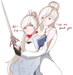 Rule 34 | 2girls, blue eyes, blush, embarrassed, english text, grey eyes, multiple girls, rwby, siblings, simple background, sisters, sketch, sword, vic (vedream), weapon, weiss schnee, white background, white hair, winter schnee