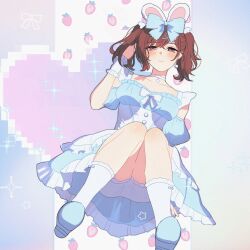 Rule 34 | 1girl, alternate costume, apron, arm garter, bloomers, blue dress, blue footwear, blush, bow, breasts, brown hair, choker, collarbone, dress, earrings, food, frilled wristband, fruit, hair bow, heart, highres, higuchi madoka, idolmaster, idolmaster shiny colors, jewelry, knees apart feet together, long hair, looking at viewer, medium breasts, p4z56, pixel heart, pom pom (clothes), pom pom earrings, red eyes, socks, solo, strawberry, strawberry slice, twintails, underwear, white apron, white bloomers, white choker, white socks