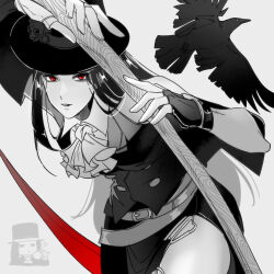 Rule 34 | 1other, 3 sa sa, absurdres, androgynous, ascot, bad id, bad twitter id, bird, black hair, black hat, blood, crow, fingerless gloves, gloves, guilty gear, guilty gear strive, hat, highres, holding, holding weapon, long hair, looking at viewer, other focus, parted lips, red eyes, scythe, testament (guilty gear), top hat, weapon, white ascot